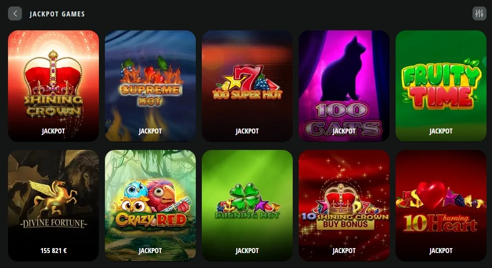 Jackpot žaidimai Drip Casino – kategorijos ekranas